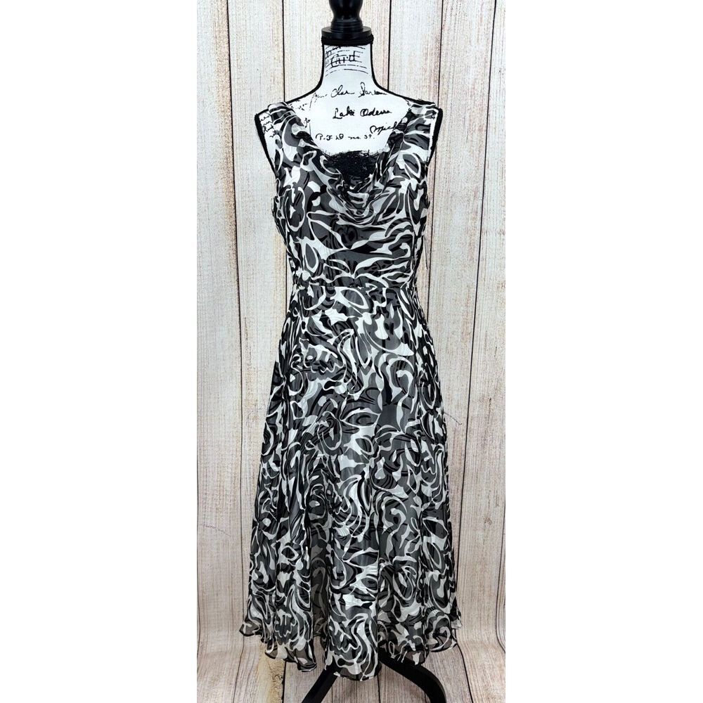 JS Boutique Silk Party Midi Dress Size‎ 8 Black White Cowl Neck Lace Insert NWT